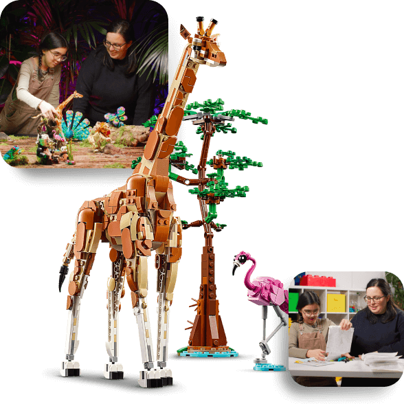 A LEGO giraffe, tree and pink flamingo
