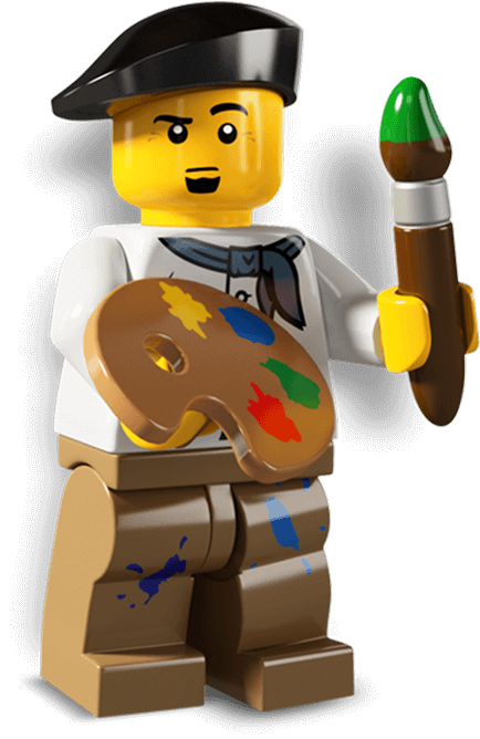 A male LEGO artist figure holding a paintbrush and palette