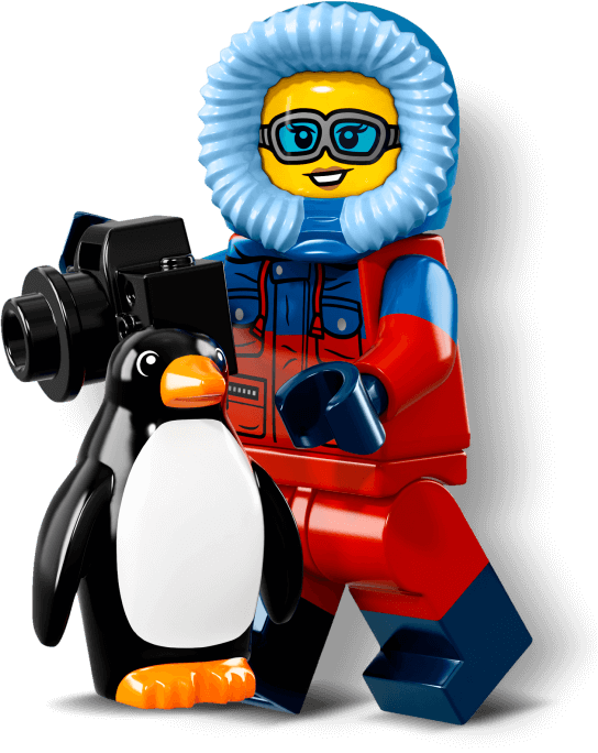 A female polar explorer figure with a penguin